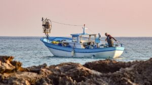 fishing boat, fisherman, sea, fishing, ocean, scenery, dusk, sunset, nature, ayia napa