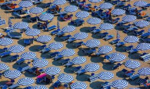 blue, umbrella, outdoor, beach, white, sand, summer, vacation, unwind, relax, blue relax, nature, blue umbrella