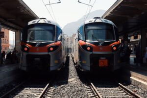 Two modern trains at Palermo station in Sicily, Italy.